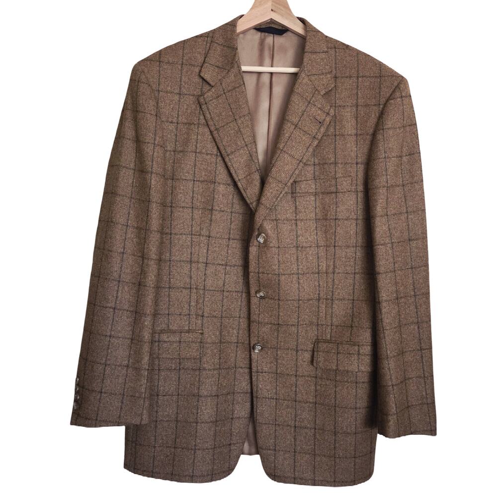 Vintage Burberry 43 Long Kensington 100% Wool Windowpane Plaid Blazer Sportcoat